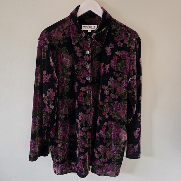 Windridge L Vintage 90s Whimsigoth Dark Romantic Floral Velvet Boyfriend Shirt - Picture 2 of 15